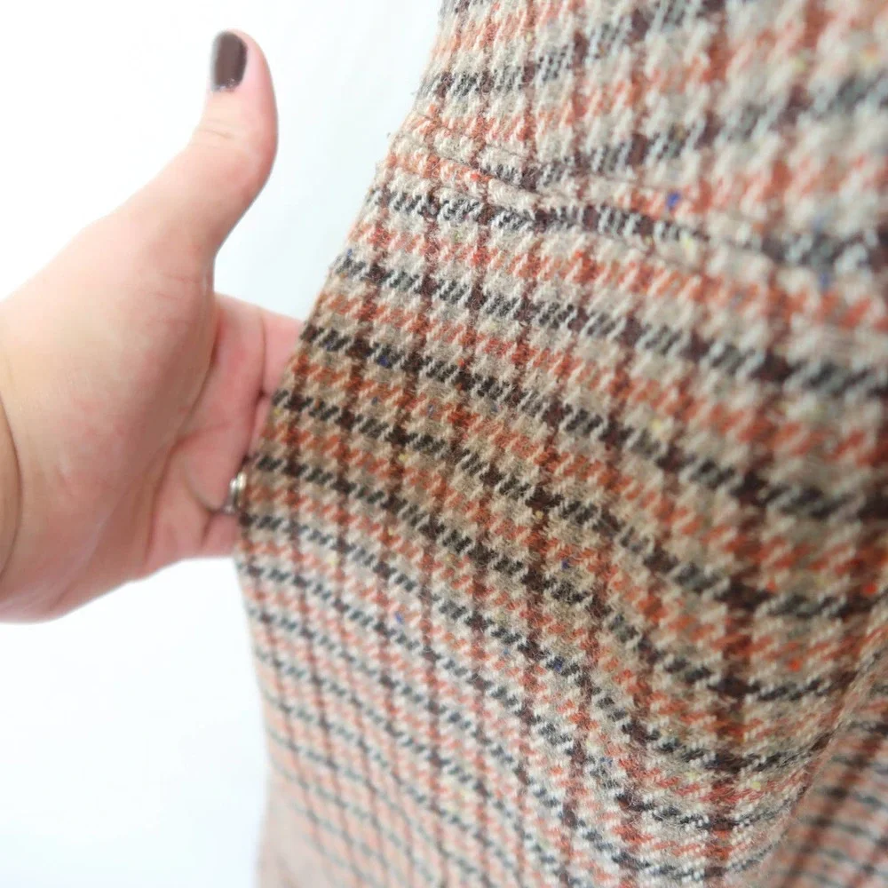 Vintage tan brown houndstooth plaid midi jumper overall dress S - Picture 4 of 7